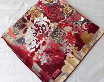 Brown Floral Satin Scarf, 39" Polyester Head Wrap, Turkish Hijab