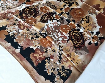 Flower Patterned Satin Scarf, 100 cm Polyester Scarf, Brown 39 inch Head Wraps, Women's Hijab Scarf, islamic Hijab, Muslim Scarf