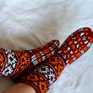 hand knit christmas stockings, White red orange black Turkish winter Socks, mens womens High Socks image 5