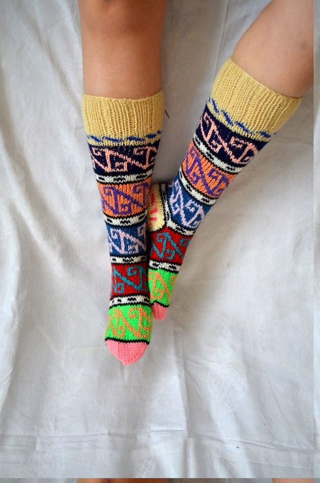 Hand knit colorful Knee High mens Socks Turkish Knit Socks | Etsy