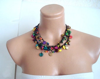 wooden Beaded Necklace, neck wrap Gift for woman, colourful girls womans rainbow necklace Christmas gifts for women girls under 25 usd