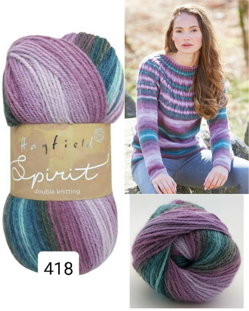 May include: A skein of Hayfield Spirit double knitting yarn in color 418. The yarn is a multi-colored blend of purple, green, and grey. The yarn is shown in a ball and on a skein with a label that says "Hayfield Spirit double knitting".