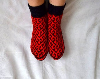 red black knit womens socks, womens home shoes, knee socks, gift for her women under 25 usd