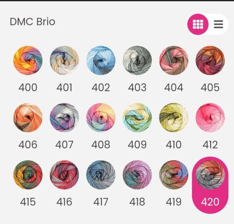 May include: DMC Brio yarn color chart with 18 different color options. The colors are arranged in rows of six. The yarn is a variegated blend of colors. The chart includes the color numbers 400 through 420.