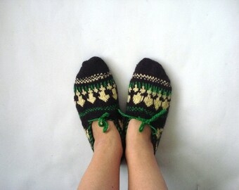 knit ethnic slippers, girls slippers, womens socks, Turkish Socks, womens home shoes brown yellow green womens slippers size 6 - 7  - 8