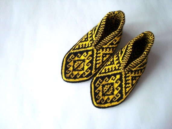 Yellow black knit womens winter slippers, knit home shoes, Turkish Socks, christmas authentic gifts for women
