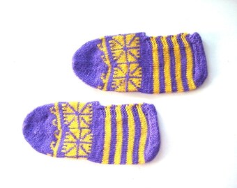 Yellow purple  Hand Knit women Socks, womens slippers, easter gift ideas, house shoes, flats, authentic shoes