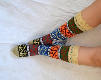 Knit Colourful Turkish Eclectic Socks, knit women Knee High Socks, Leg Warmers, knit Christmas stockings