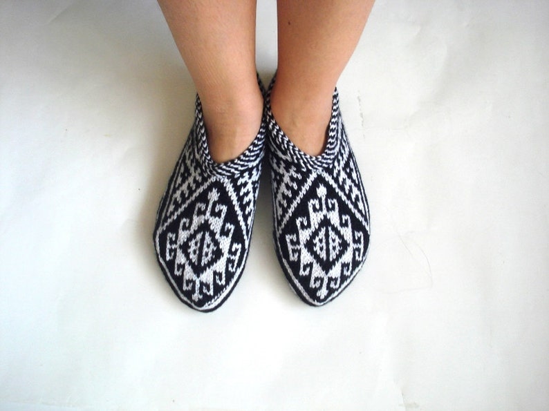 Black white knit womens winter geometric slippers, Turkish Socks, ethnic clothing, womens home shoes 