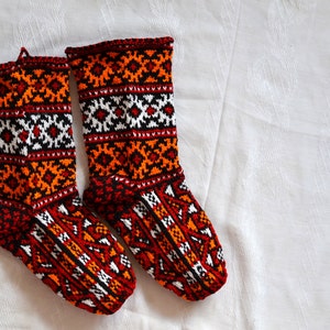 hand knit christmas stockings, White red orange black Turkish winter Socks, mens womens High Socks image 1