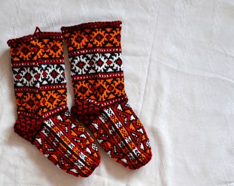hand knit christmas stockings, White red orange black Turkish winter Socks, mens womens High Socks