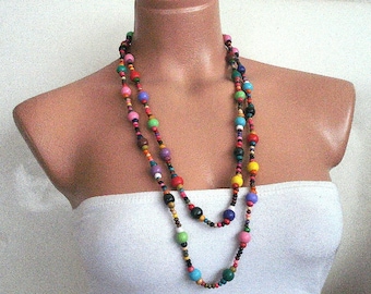 Wooden Beaded rainbow Necklace, neck wrap Gift for woman, girls womans colorful boho necklace, party favor