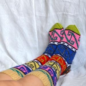 Hand knit geometric women socks, Turkish Socks legwarmers, Knee High Socks, christmas stockings, women boot socks
