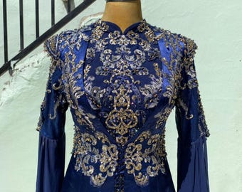 Traditional Vintage Dark Blue Bindalli, Ottaman women kaftan Hurem Queen dress