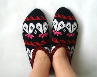 knit womens slippers, red yellow black Turkish Slippers, knit socks, home shoes, Christmas womans winter boho gifts