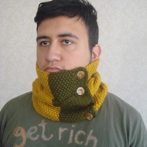 Knit mustard yellow mens cowl with buttons, Cabled Wool Blend infinity scarf, gift woman man warm cozy Sunshine beige dark green