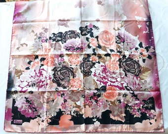 Flower Patterned pink Satin Scarf, 100 cm Polyester Scarf, Brown 39 inch Head Wraps, Women's Hijab Scarf, islamic Hijab, Muslim Scarf