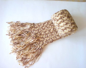 Mens hand knit scarf, mens scarf, cream ivory brown long mens Scarves, caramel crochet scarf, hand knit mens winter chunky scarf