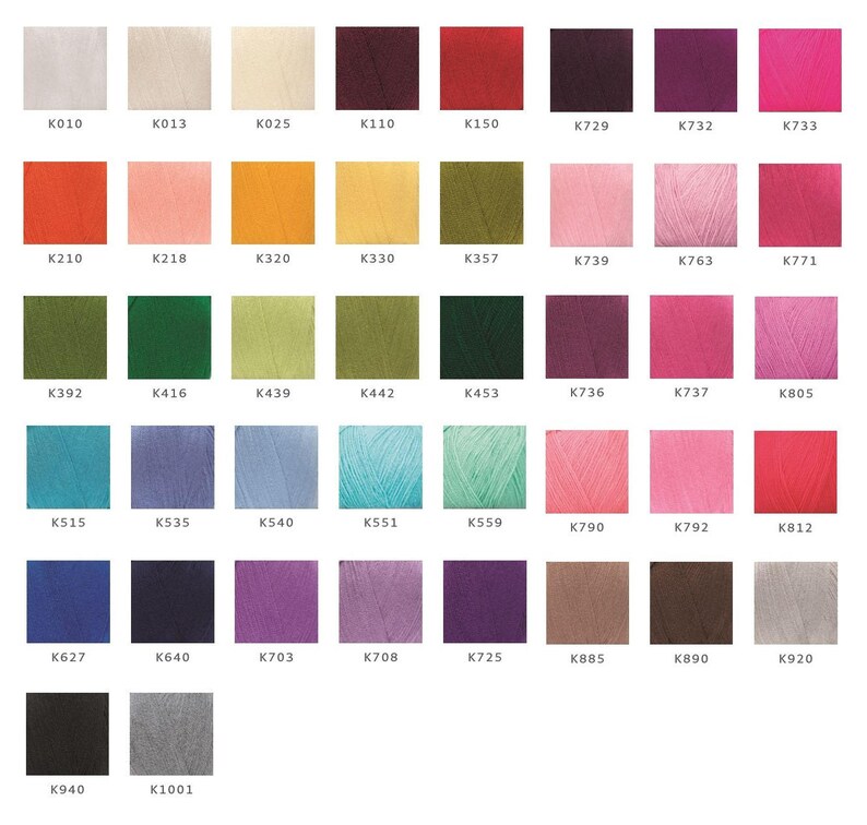 May include: A color chart of yarn samples with different colors and textures. The chart is labeled with the yarn color codes, such as K010, K013, K025, K110, K150, K729, K732, K733, K210, K218, K320, K330, K357, K739, K763, K771, K392, K416, K439, K442, K453, K736, K737, K805, K515, K535, K540, K551, K559, K790, K792, K812, K627, K640, K703, K708, K725, K885, K890, K920, K940, K1001.
