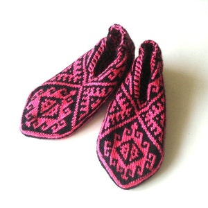 pink black hand knit womens slippers with geometric desings, bohemian gift for woman christmas