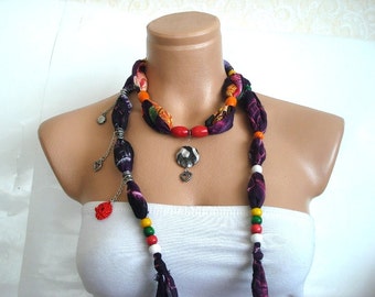 purple Cotton beaded necklace, Headband, Turkish Yemeni Scarf with wooden beades and pendant, party favors