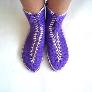 Purple hand knit women boot socks, Turkish Slippers, adult slippers, womens home shoes, gift for women sister