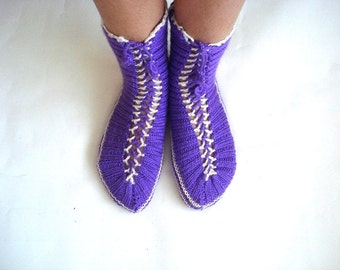 Purple hand knit women boot socks, Turkish Slippers, adult slippers, womens home shoes, gift for women sister