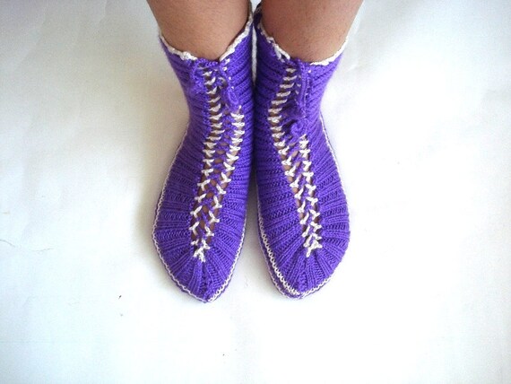 Purple hand knit women boot socks, Turkish Slippers, adult slippers, womens home shoes, gift for women sister