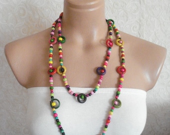 wooden colorful beaded girls long necklace, rainbow boho party favors, wooden beadworks, gift for girls womans, Halloween gifts