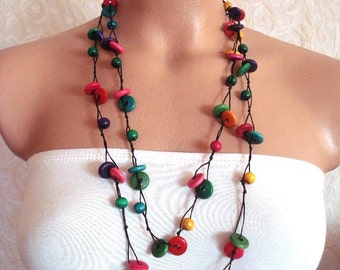 rainbow wooden beaded necklace, colorful girls necklace, party favors, wooden beadworks, gift for girls womans