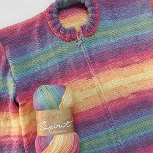 May include: A rainbow striped knitted cardigan with a zipper closure. The cardigan is made with Hayfield Spirit double knitting yarn.
