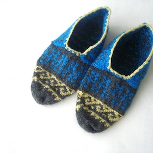 Grandmother hand knit women winter slippers, Gray blue yellow Hand Knitted Slippers, women socks size 6 7 8