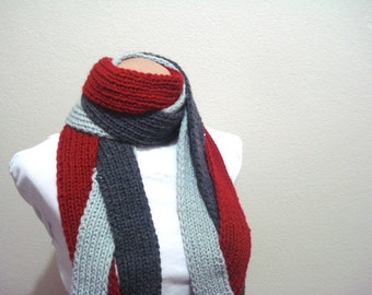 hand knit Red Grey Long winter scarf with Fringe, chunky braided Scarf, gift for woman