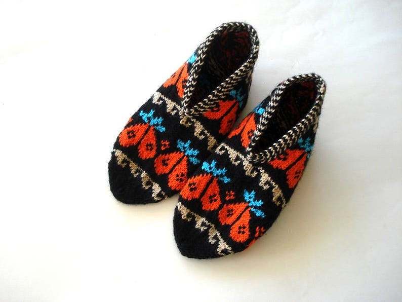 Orange turquoize beige black Hand Knit Slippers, ladies booties, knitted home shoes, womens slippers with heart design, halloween gifts image 3