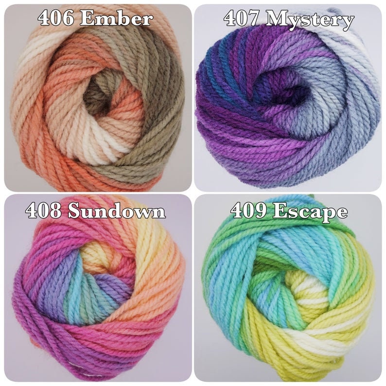 May include: Four skeins of yarn in different color combinations. The yarn is wound into balls and the colors are: 406 Ember (orange, brown, white), 407 Mystery (purple, blue, white), 408 Sundown (pink, yellow, green), and 409 Escape (blue, green, yellow).