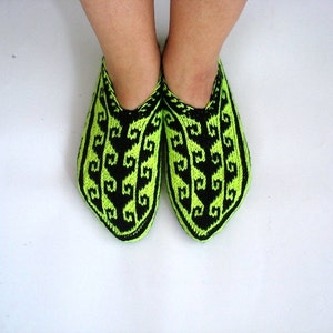 womens slippers, Neon yellow black Turkish socks, knit home shoes, adult booties size 7 8 9, womens house shoes, christmas gifts for her