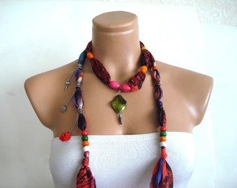 Southwestern styles Wooden Beaded Necklace, red cotton beaded scarf