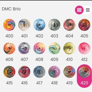 May include: DMC Brio yarn color chart with 18 different color options. The colors are arranged in rows of six. The yarn is a variegated blend of colors. The color numbers are listed below each yarn ball.