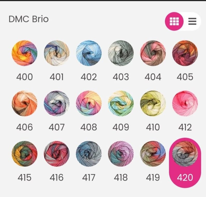 May include: DMC Brio yarn color chart with 18 different color options. The colors are arranged in rows of six. The yarn is a variegated blend of colors. The color numbers are listed below each yarn ball.