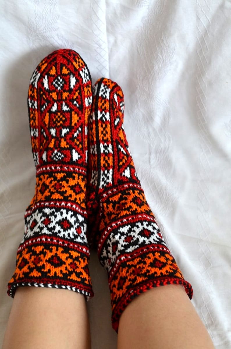 hand knit christmas stockings, White red orange black Turkish winter Socks, mens womens High Socks image 4