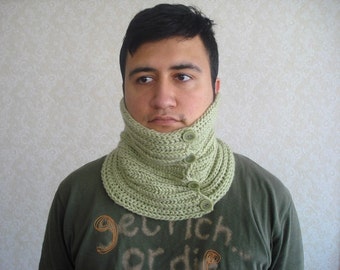 earthy soft green mens chunky cowl mens knit scarves neckwarmer unisex cowl handmade gift for men women under 50, mens cowl with buttons