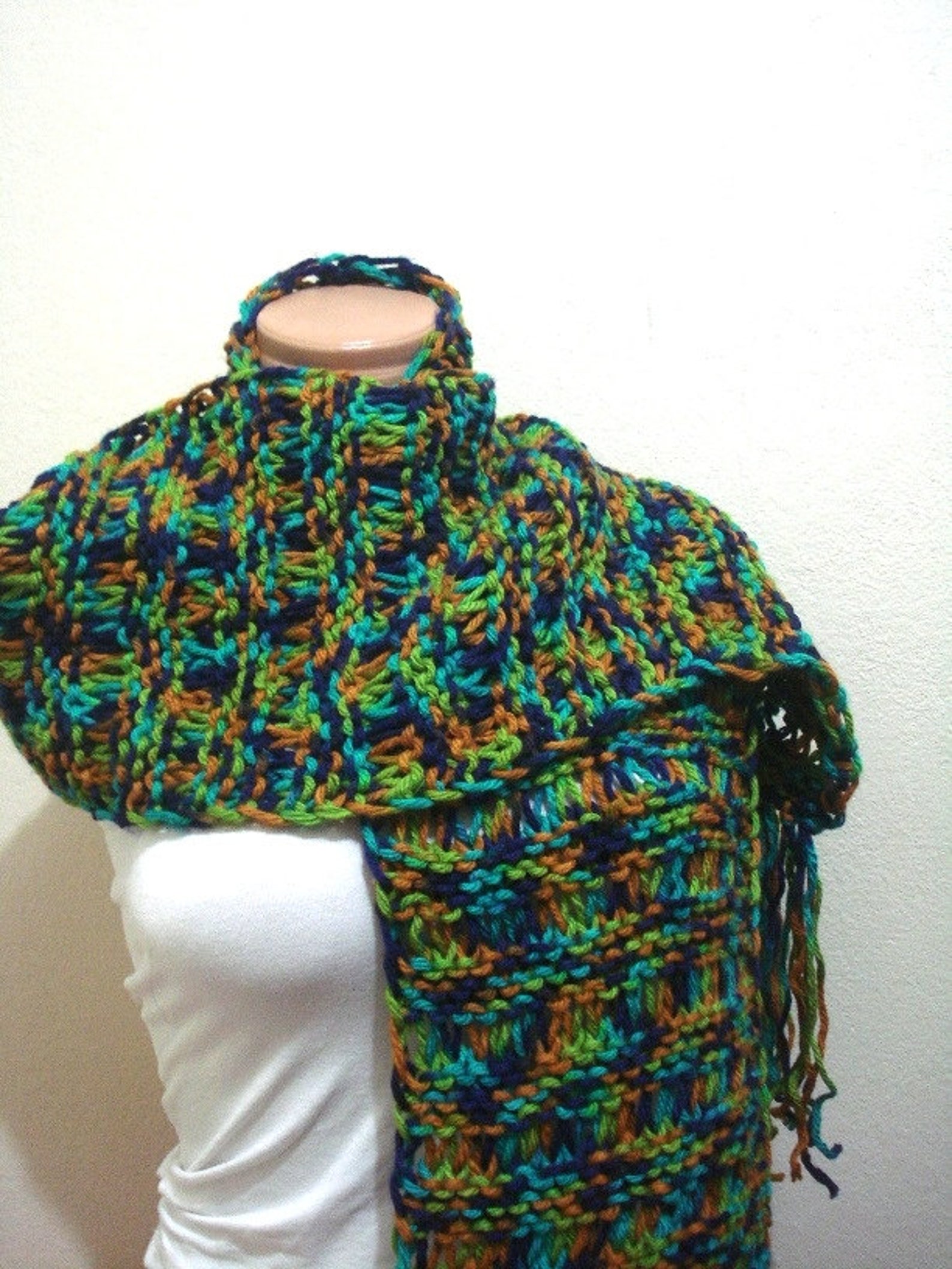 Knitted Long Mens Scarves Chunky Men Scarf Orange Turquoise Etsy