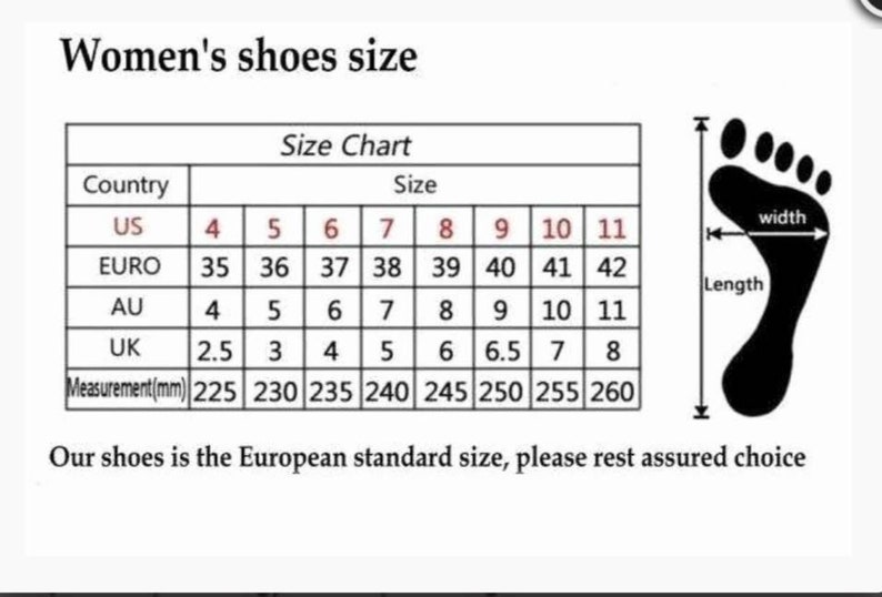 May include: A shoe size chart for women, showing conversions between US, European, Australian, and UK sizes. The chart also includes corresponding foot measurements in millimeters.