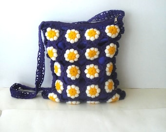 boho bag Purple Crochet Daisy Flower Messenger bag Spring Bag, Diaper bag, Afghan Crochet Bag, Handbag Shoulder Bag, messenger bag with zip