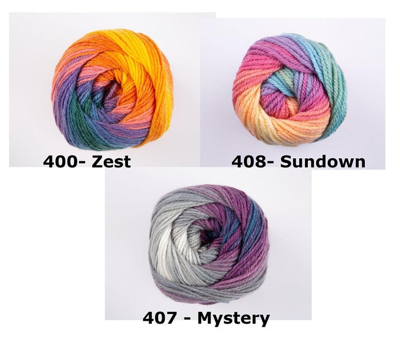 May include: Three skeins of yarn in different color combinations. The skeins are labeled 400 - Zest, 408 - Sundown, and 407 - Mystery.