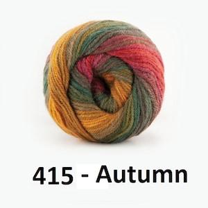 May include: A ball of yarn in shades of orange, red, green, and brown. The yarn is labeled "415 - Autumn".