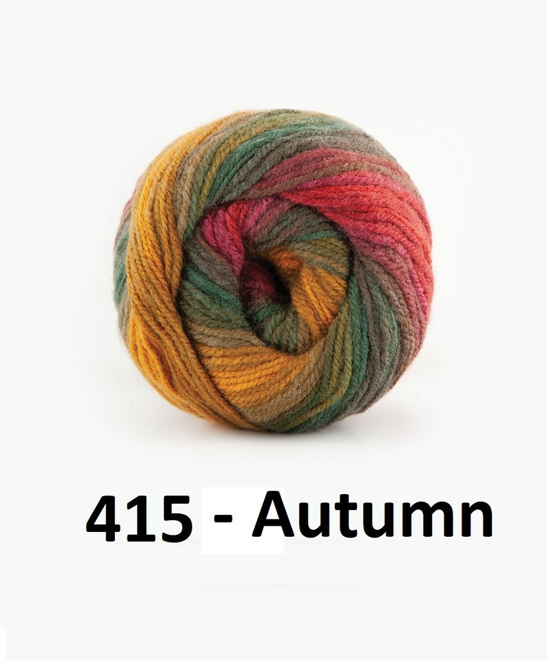 May include: A ball of yarn in shades of orange, red, green, and brown. The yarn is labeled "415 - Autumn".
