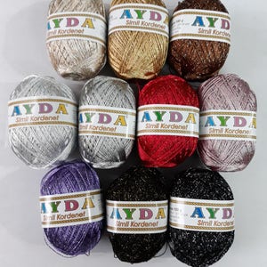Hilo de punto de cruz cordenato de 100 g, hilo de viscosa, rayón plateado y negro, lúrex brillante metálico, ganchillo Ayda Simli kordenet imagen 9