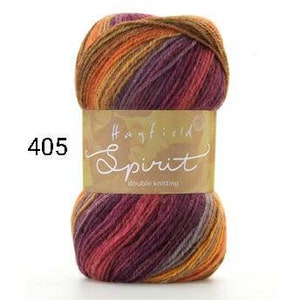 May include: A skein of multi-colored yarn in shades of orange, brown, purple, and gray. The yarn is labeled "Spirit double knitting" and has the number "405" printed on the label.