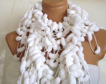 white Pompom scarf, chic Scarf, unique gift for Women, pon pon scarf, soft mulberry scarf, fancy christmas gifts for her